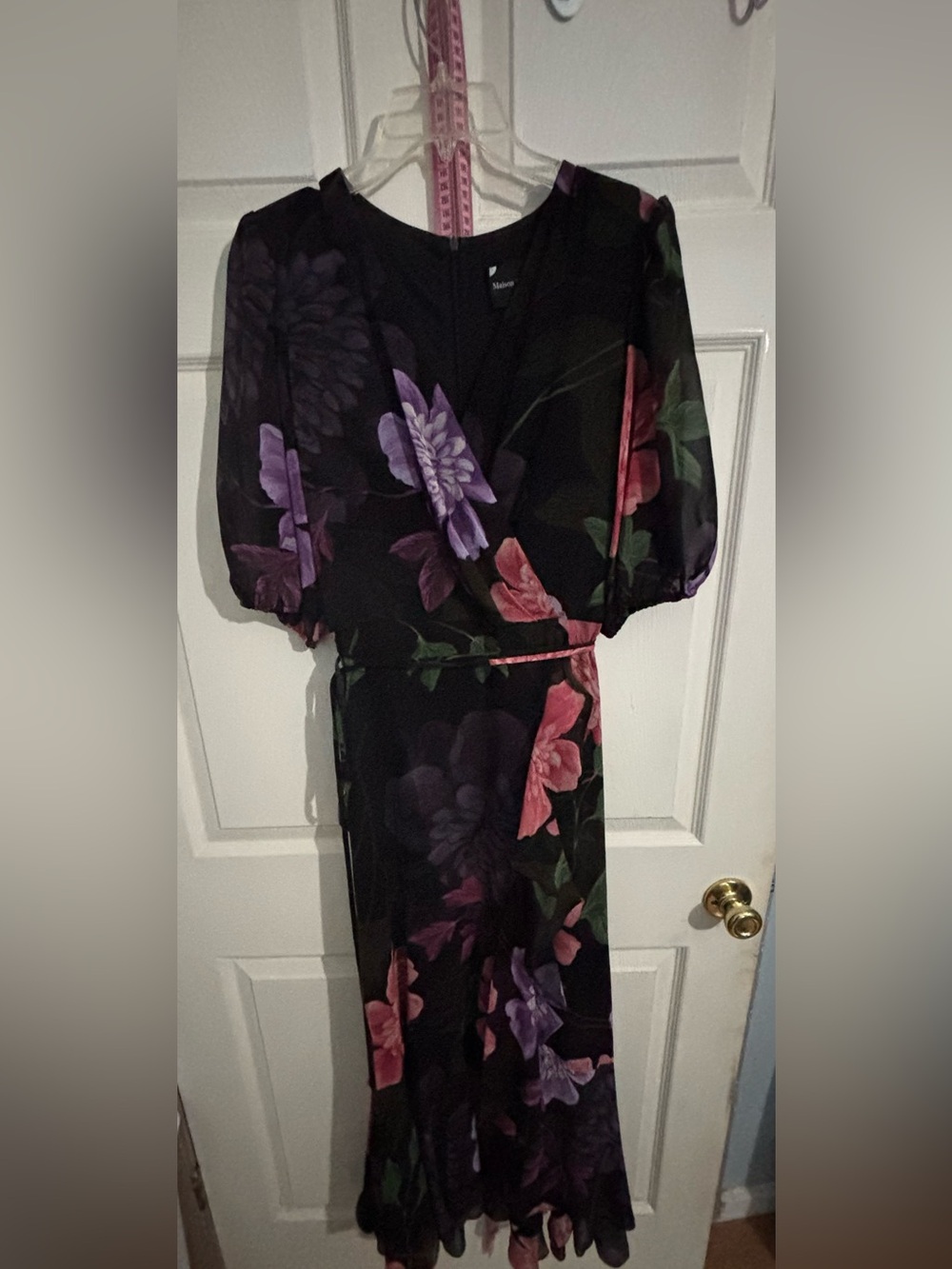Floral Wrap Midi Dress in Black with Purple & Pink Blossoms